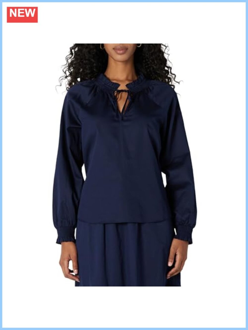 Relaxed Fit Ruffle Neck Cotton Sateen Blouse Long Sleeve